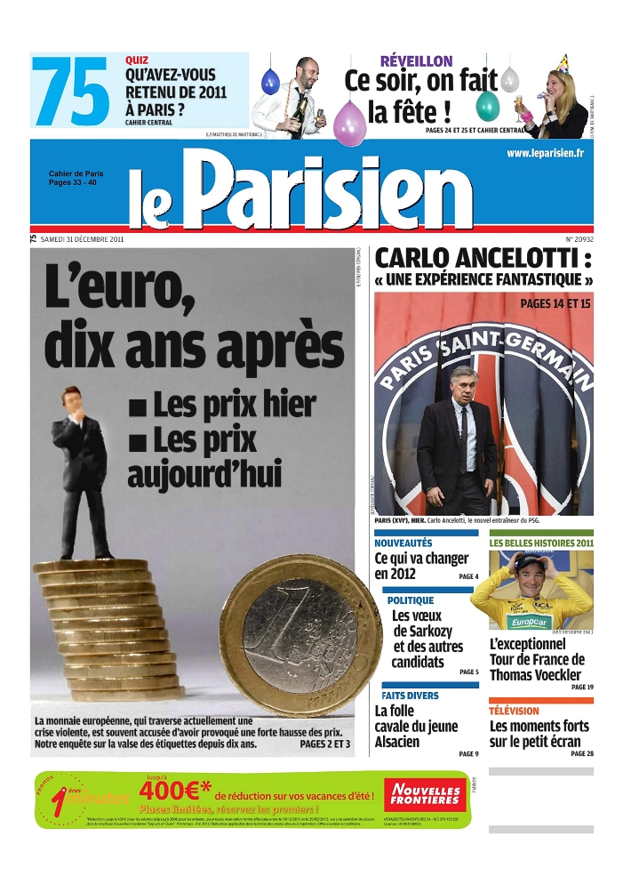 Le Parisien et cahier de paris edition du 31 decembre 2011